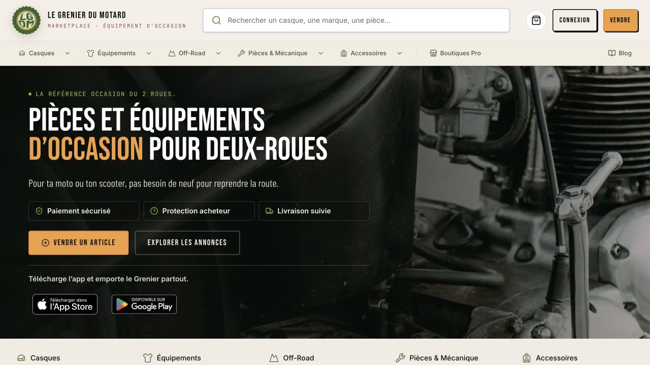 Page d’accueil actuelle du Grenier du Motard, marketplace d’équipement moto d’occasion