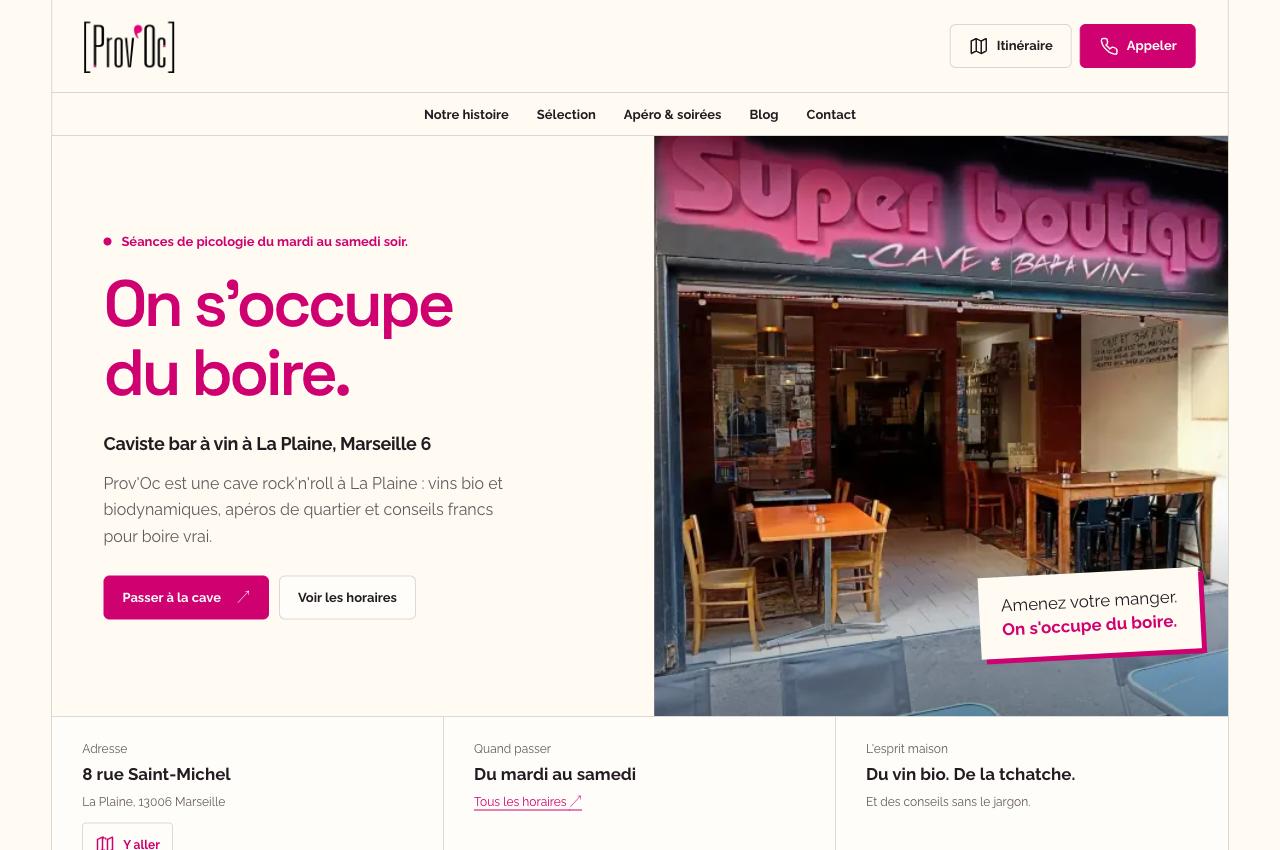 Page d’accueil de Prov’Oc, avec la façade de la cave et les informations pratiques à Marseille