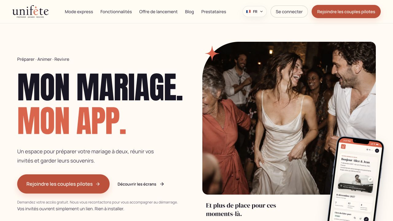 Page d’accueil actuelle d’Unifête, avec un couple et un aperçu de l’espace mariage sur téléphone